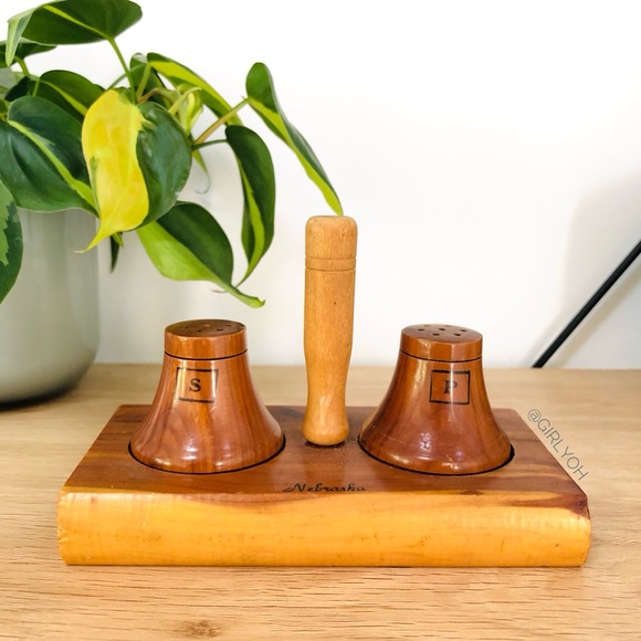 Handmade Vintage Wooden Salt Pepper Shakers with Stand - Picture 2 of 5